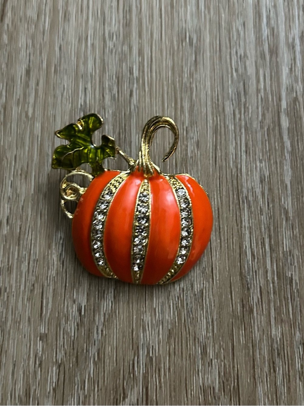 Orange Pumpkin Brooch with Green Leaf Accent